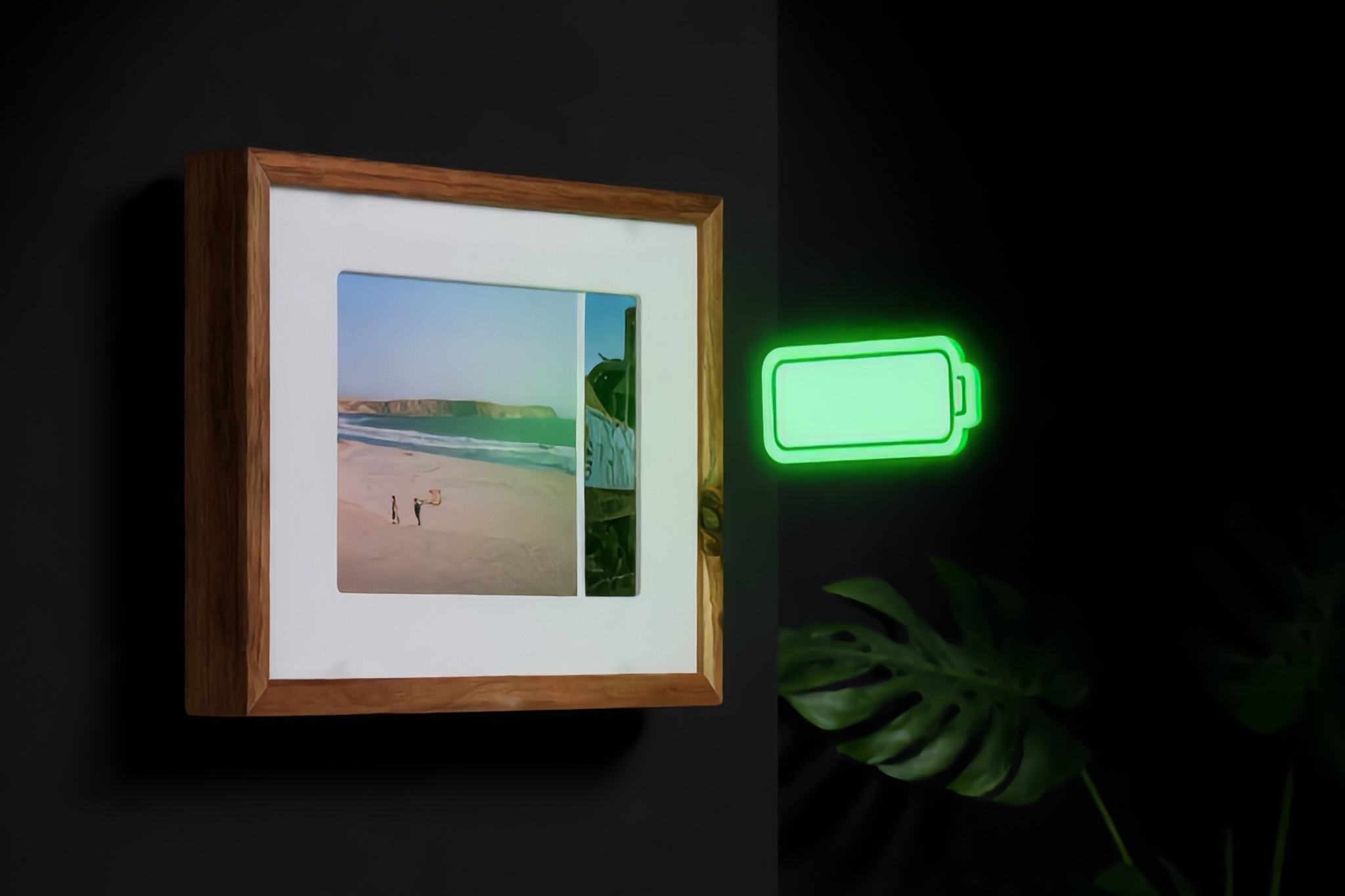 Cordless frame mounted cleanly on a wall without nearby outlet